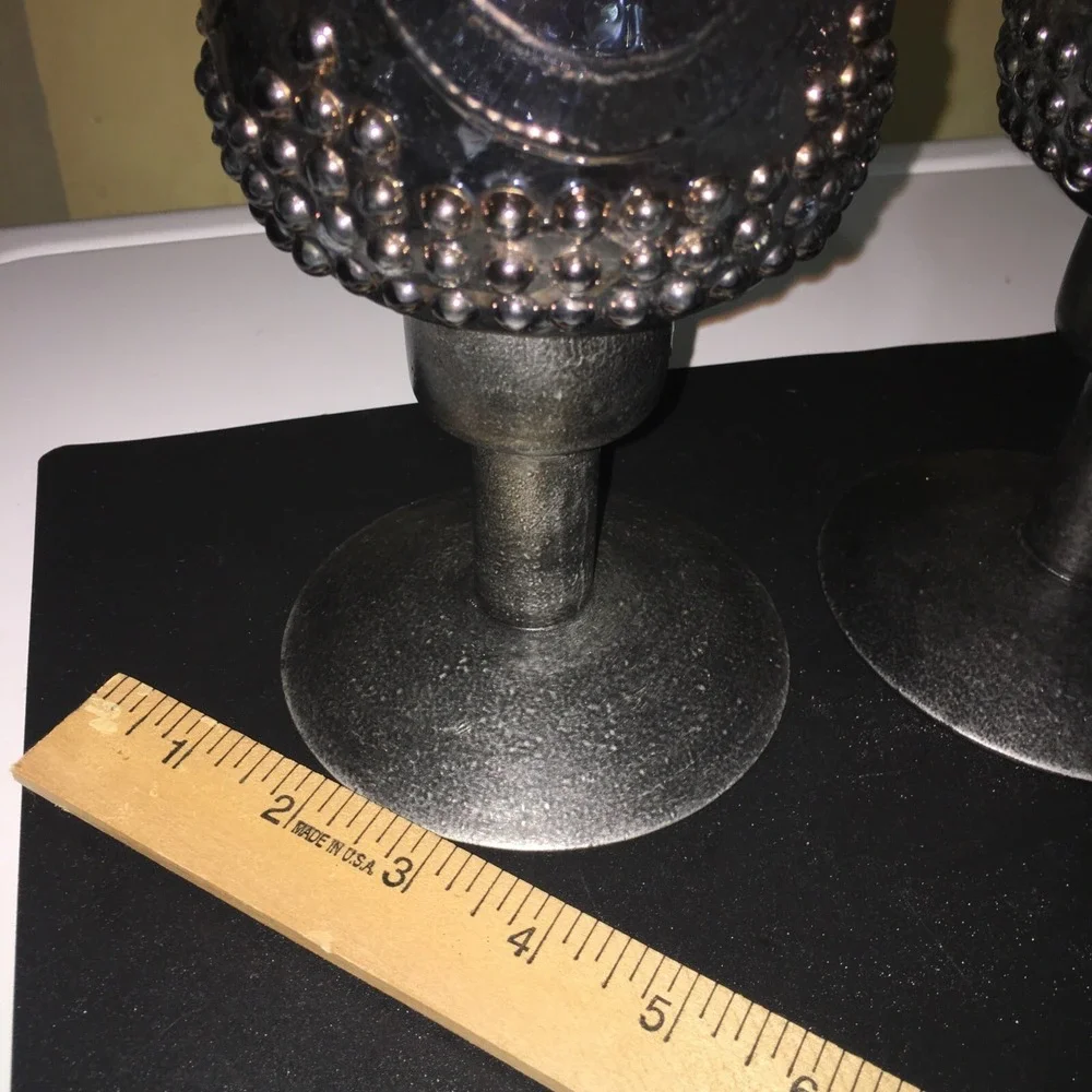 Vtg  Fleur De Lis Metal and Smokey Blue Iridescent Glass GothicCandle Holders
